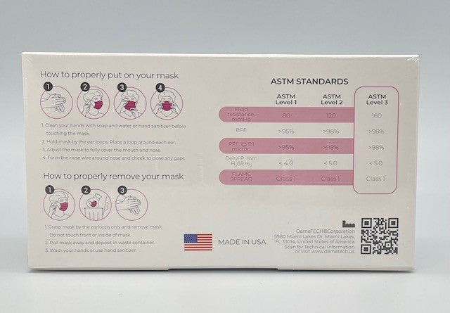 DemeMask-KIDS-Pink 3ply ASTM Level 3 Mask-MADE IN USA-50 per box