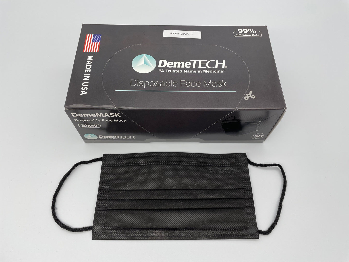 DemeMask-Black 3ply ASTM Level 3 Mask-MADE IN USA-50 per box
